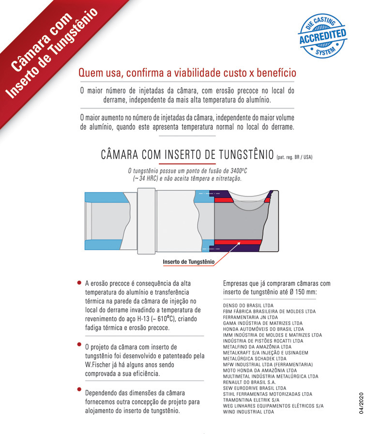  Câmara de Injeção, Câmara de Injeção com inserto de tungstênio, Câmara de Injeção de cerâmica, Pisto de injeção de liga de cobre, Pisto de injeção de aço, Sistema Rótula, Aparelho de injeção sob vácuo, Aparelho Pore Free. 